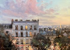 an oil painting of a cityscape at dusk