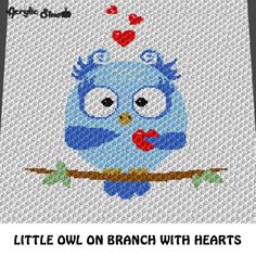 an owl is sitting on a branch with hearts