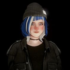 a girl with blue hair wearing a black jacket and a beanie on her head