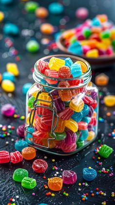 a glass jar filled with lots of colorful gummy bears on top of a table