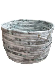 a white and grey basket with handles on the bottom is sitting in front of a white background