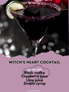 Black vodka 1 1/2 oz\nCranberry juice 2 oz\nLime juice 1/2 oz\nSimple syrup 1/2 oz\nIce as needed\nLime slice for garnish\nShake black vodka, cranberry juice, lime juice, and simple syrup with ice.\nStrain into a glass filled with ice.\nGarnish with a lime slice.\n#SpookySips #HalloweenCocktails #MagicInACup Black Vodka, Cranberry Juice And Vodka, Vodka Cranberry, Heart Cocktail, Holiday Party Drinks, Magical Potion, Lime Slice, Witch's Heart