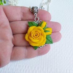 Yellow Necklace. Flower Necklace. Yellow Jewelry. Polymer clay jewelry. Gift for Her Description: material - polymer clay fimo, metal base, waxed lace. Size - length 17 inches, diameter of the pendant - 1.57 * 1.18 inches. Care - respectful, waterproof.  Delicate necklace with  rose. The rose is made by hand. Perfect jewelry for the bride. Gift for mothers day. Christmas present.  If you have any questions, write to me. Handmade Polymer Clay Jewelry With Flower Pendant, Handmade Polymer Clay Flower Pendant Jewelry, Yellow Polymer Clay Jewelry For Gifts, Flower Charm Polymer Clay Jewelry For Gifts, Polymer Clay Jewelry With Flower Charm Gift, Handmade Yellow Polymer Clay Jewelry, Handmade Clay Flower Jewelry, Flower Shaped Polymer Clay Necklaces As Gift, Flower Shape Polymer Clay Necklaces For Gifts