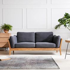 a living room with a gray couch and potted plant on the side table next to it