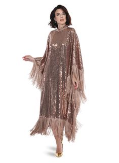 Love the Queen  Style 17493,ROSE GOLD,1 Pc. CAFTAN Luxury Sequined Floor-length Kaftan, Luxury Sequined Maxi Kaftan, Sequin Caftan, Sequin Fringe Dress, Queen Style, Dress Colors, Denim Maxi Dress, Long Fringe, Simple Pakistani Dresses