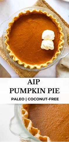 pumpkin pie with whipped cream on top and the words, app pumpkin pie pale coconut - free