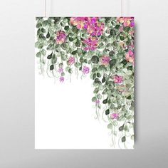 a poster hanging on a wall with pink flowers and green leaves in the corner,