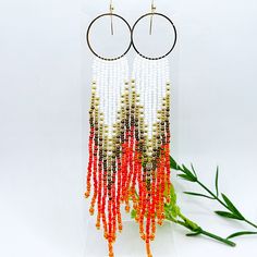 Western Fringe Hoop Earrings, Handwoven Seed Bead Hoops, Red and Gold Boho Hoop Earrings, Hippie Earrings, Holiday Gift for Cowgirl by MyJewelryShed on Etsy Fringe Hoop Earrings, Shoulder Duster Earrings, Duster Earrings, Boho Hoop Earrings, Bead Fringe, Festival Birthday, Hippie Earrings, Shop Gift, Red Turquoise