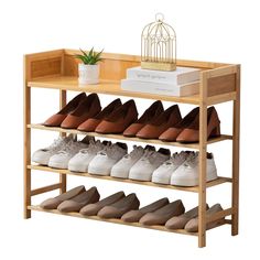 a wooden shoe rack with several pairs of shoes on it