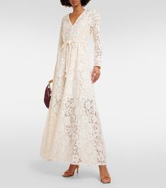 Matchmaker lace maxi dress in white - Zimmermann | Mytheresa Feminine Delicate Lace Maxi Dress For Spring, Feminine Lace Floor-length Maxi Dress, Spring Maxi Dress With Lace Sleeves And Floor-length, Spring Floor-length Maxi Dress With Lace Sleeves, Elegant Evening Crochet Dress In Maxi Length, Feminine Lace Maxi Dress, Chic Crochet Evening Dress Maxi Length, Elegant Long Dress With Lace Work, Elegant Crochet Maxi Dress