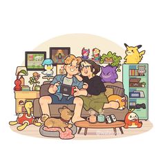 two people sitting on a couch with stuffed animals and toys in the living room behind them