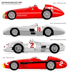 three different types of race cars in red and white, with numbers on each side