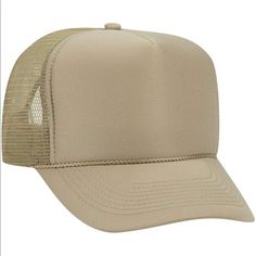 a beige trucker hat with mesh on the front and back side, showing the visor