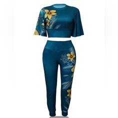 Elegant Floral Print Two-Piece Set, Crew Neck Half Sleeve T-Shirt & High Waist Pants Outfits, Women's Clothing Casual Blue Sets For Spring, Casual Blue Two-piece Bottoms, Stretch Two-piece Set With Short Sleeves, Stretchy Two-piece Set With Short Sleeves, Casual Blue Fitted Sets, Blue Casual Fitted Sets, Blue Fitted Casual Sets, Summer Stretch Short Sleeve Sets, Summer Stretch Sets With Short Sleeve