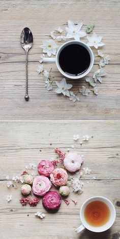 there are two pictures with different flowers and spoons next to each other on the table