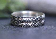 This listing is for one art nouveau sterling silver stacking ring with a deeply engraved floral pattern that is antique inspired and so very feminine. Wear this elegant ring alone or stacked with other rings! - Choose your size at check-out! - Choose your polish preference: oxidized with contrast (dark and light) or all shiny silver. - Ring measures 3mm tall and 1.5 mm wide. Check out my other stacking ring options here: https://www.etsy.com/shop/DeerGirlDesigns?section_id=17967071 - All items c Bohemian Engraved Filigree Ring For Anniversary, Bohemian Silver Stackable Rings For Anniversary, Bohemian Antique Silver Wedding Rings, Silver Stackable Rings With Intricate Design For Gift, Bohemian Silver Stackable Rings For Wedding, Bohemian Etched Rings For Wedding, Rings Flower, Art Nouveau Ring, Jewelry Floral