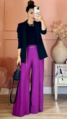 Womens Business Attire Summer, Purple Palazzo Pants Outfit, Wide Leg Purple Pants Outfit, Magenta Pants Outfit Work, Purple Wide Leg Pants Outfit, Dress Slacks Outfit, Purple Work Outfit, Work Casual Outfits For Women Summer, Dark Purple Blazer Outfit