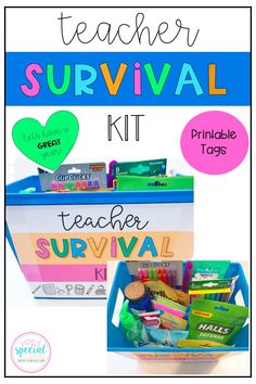 a teacher survival kit with the text teacher survival on it and an image of a lunch box filled with school supplies