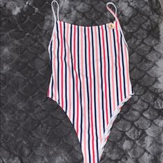 Striped One Piece Swimsuit, Red Navy Blue Salmon, Low In The Back, Size Small, Forever 21, Never Worn Striped Summer Bodysuit For Poolside, Summer Striped Bodysuit For Poolside, Striped Summer Bodysuit For Beach Season, Striped Bodysuit For Poolside In Summer, Casual Striped Bodysuit For Poolside, Casual Striped Bodysuit For Beach Season, Casual Forever 21 Bodysuit For Summer, Chic Summer Swimwear From Forever 21, Forever 21 Summer Bodysuit For The Beach