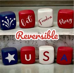 red, white and blue dices with the words reversible usa written on them