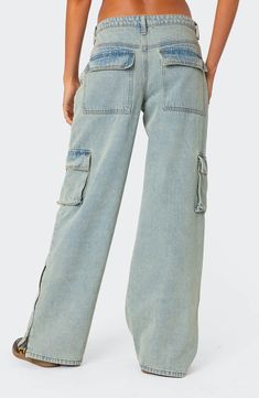 Two of the absolute best pants styles come together in a these well-faded jeans cut from sturdy, all-cotton denim and popped with a crop of roomy pockets. Zip fly with button closure Coin pocket; front scoop pockets; cargo flap-patch pockets; back flap pockets 100% cotton Machine wash, dry flat Imported Visionary Fashion, Best Pants, Jeans Low Rise, Faded Jeans, Jeans Low, Swimwear Dress, Cargo Jeans, Zipper Detail, Denim Fabric