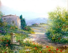 a painting of an old house and garden