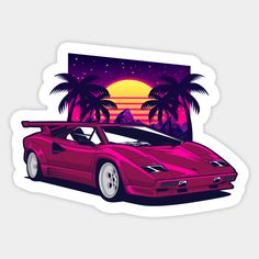 a red sports car parked in front of palm trees with the sun setting behind it