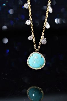 A ladies 14 karat yellow gold adjustable 18 inch long necklace featuring a 2.25 carat free form turquoise and 85 round diamonds having a total weight of .23 carats. Diamond Charm Necklace, Rose Gold Morganite, Diamond Charm, Unique Gemstones, Adjustable Necklace, Estate Jewelry, Long Necklace, Diamond Engagement, Round Diamonds