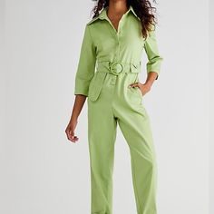 House Of Sunny Golden Years Green Belted Jumpsuit Size 2 Color Is Solid Lime Green Belted Has A Little Pouch Pocket On The Belt Collared Button Front New With Tags Offers Always Welcome This House Of Sunny Green Jumpsuit Or Coveralls Are So Cute And Fun! Workwear Jumpsuits And Rompers With Belt Loops, Spring Jumpsuits And Rompers With Belt Loops, Fitted Green Overalls For Workwear, Green Belted Jumpsuits And Rompers For Work, Fancy Romper, Glitter Jumpsuit, Colorful Romper, Free People Romper, Yellow Jumpsuit