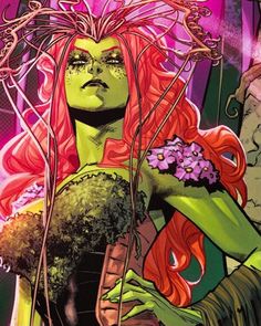 an illustration of a woman with red hair and green makeup, holding flowers in her hands