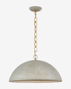 a large pendant light with chain hanging from it's center and two lights on each side