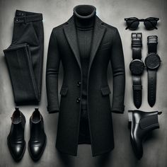 Outfit Suggestion: Top: A black, slim-fit, roll-neck sweater. This piece is both classic and versatile, offering a sleek silhouette that enhances the mysterious vibe. The roll-neck adds a touch of intellectual allure, perfect for a man of mystery.  Jacket: A dark charcoal, tailored wool overcoat. The length and cut of the overcoat should offer a sharp, commanding presence, enveloping the figure in a way that's both elegant and slightly imposing.  Trousers: Slim-fit trousers in black or dark grey. They should complement the roll-neck sweater and maintain the outfit's streamlined look, contributing to an overall aura of sleek sophistication.  Footwear: Black leather Chelsea boots with a polished finish. These boots are stylish yet understated, adding to the enigmatic quality of the outfit wi Clothing And Accessories, Men's Clothing, A Man, Sleek, Trousers, Black