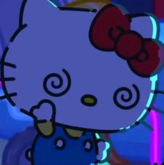 an animated hello kitty with a red bow on her head standing in front of a neon background