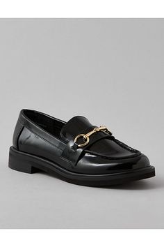 Vegan leather upper/Round moc toe with gold-tone hardware/Slip-on silhouette/Rubber outsole Flat Shoes Women, Loafer Flats, Vegan Leather, American Eagle Outfitters, Women's Jeans, American Eagle, Leather Upper, Loafers, Women Jeans