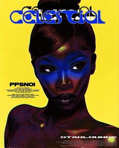 a woman with blue makeup on the cover of a magazine