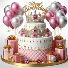 a birthday cake decorated with pink and silver balloons, gift boxes, and a tiara