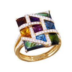 BELLARRI® 14kt Rose Gold Abalone and Multi Color Gemstone Ring from the Mosaic Nouveau Collection Stylish Watches, Jewellery Designs, Types Of Rings, Vintage Diamond, Coolers, High Quality Jewelry, Diamond Gemstone, Jewelry Designs, Everyday Style