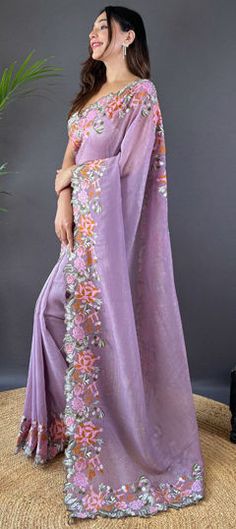 Purple and Violet color Saree in Art Silk fabric with Embroidered, Resham, Thread work Unstitched Purple Saree With Floral Embroidery, Purple Saree With Floral Embroidery, Purple Semi-stitched Saree With Floral Embroidery, Purple Floral Embroidered Semi-stitched Saree, Purple Floral Embroidered Saree For Reception, Purple Floral Embroidery Saree For Reception, Purple Embroidered Fabric With Cutdana For Receptions, Engagement Saree, Reception Saree