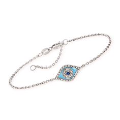 Ross-Simons - Diamond-, Sapphire-Accented Evil Eye Bracelet in 14kt White Gold. Size 6. Adorn yourself with a sparkling symbol of armor! Long believed to ward off negativity, one wears the Evil Eye to inspire positivity and protection. Crafted of 14kt white gold, a bright blue enamel eye is bedazzled with round brilliant-cut diamond accents and a sapphire accent at the center. Featuring a cable chain with a 1" extender, it's the perfect versatile style for any look. Lobster clasp. Sapphire- and Diamond Evil Eye Bracelet, Sapphire Birthstone, Diamond Evil Eye, Moon Bracelet, Evil Eye Ring, Buying Diamonds, Evil Eye Pendant, Eye Ring, Eye Bracelet