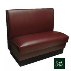 a red leather bench with the dark green logo on it's left armrests