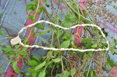 a plant with white beads and green leaves on top of a blue cloth covered surface