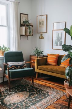 a living room filled with furniture and potted plants