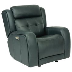 the reclining chair is shown in black leather