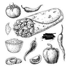 an image of different food items on a white background, including peppers and cheeses