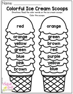 the ice cream scoops are labeled with different colors and words to describe their names