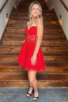 Modsele this short formal dress features a strapless sweetheart neckline, lace-up back, and A-line skirt.#hoco2023#homecomingdresses#formaldresses#homecoming#schooleventdress#holidaydress#graduationdress#cocktaildress Red Homecoming Dresses Short, Prom Dress Gown, Red Lace Prom Dress, Fall Ball, Short Formal Dress, Sheer Corset, Tulle Material, Cute Homecoming Dresses, Tulle Homecoming Dress