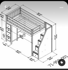 a drawing of a loft bed with stairs and desk underneath it, as well as the measurements