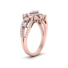 an 18k rose gold ring with three stones on the side and two rows of diamonds in