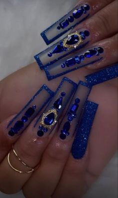 Royal Blue Nails Long Square, Royal Blue 16 Dresses, Dark Blue Acrylic Nails With Rhinestones, Blue Royal Nails Design, Royal Blue Acrylic Nails Sweet 16, Long Acrylic Nails Coffin Winter, Long Nails Royal Blue, Pretty Royal Blue Nails, Navy Blue Bouquet Quinceanera