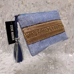 Slim, Boho Clutch With Tassel Zip Closure & Beaded Embellishments Color: Gold Multi New Blue Bohemian Pouch Clutch, Blue Woven Clutch, Steve Madden Wallet, Boho Clutch, Beaded Embellishments, Fabric Painting On Clothes, Wallet Tutorial, Lace Bag, Steve Madden Bags